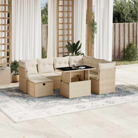 Ensemble Salon Jardin 8 Places Résine Tressée Beige avec Coussins - Table Réglable Housse Lavable - 3 Sièges Coin + 3 Centraux + Repose-Pieds