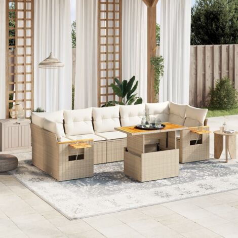Ensemble Salon Jardin 8 Places Résine Tressée Beige avec Coussins - Table Réglable, Modulaire et Lavable