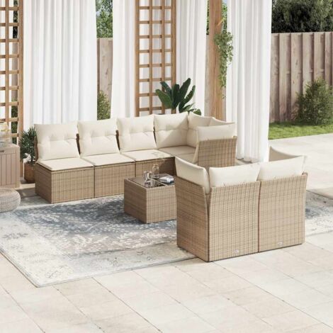 Ensemble Salon Jardin 8 Places Résine Tressée Beige avec Coussins - Table Verre Trempé, Modulaire