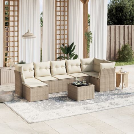 Ensemble Salon Jardin 8 Places Résine Tressée Beige avec Coussins - Table Verre Trempé, Modulaire