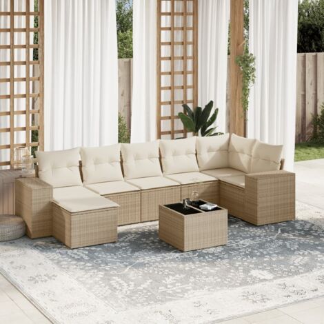 Ensemble Salon Jardin 8 Places Résine Tressée Beige avec Coussins - Table Verre Trempé, Stockage et Design Modulaire