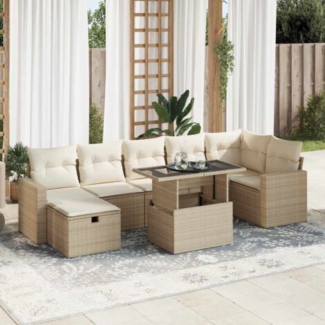 Ensemble Salon Jardin 8 Places Résine Tressée Beige avec Coussins - Table Verre Trempé, Stockage Intégré