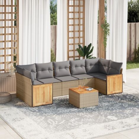 Ensemble Salon Jardin 8 Places Résine Tressée Beige avec Table Acacia et Coussins Gris Lavables