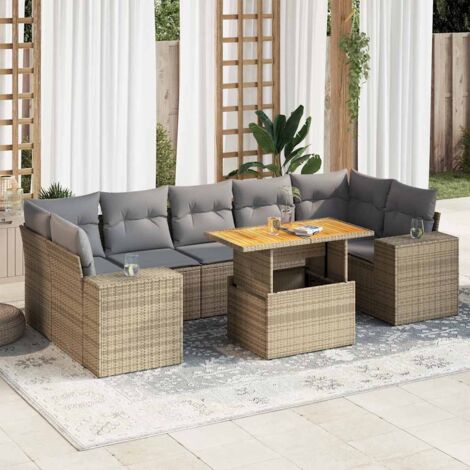Ensemble Salon Jardin 8 Places Résine Tressée Beige avec Table Acacia et Coussins Gris Modulable