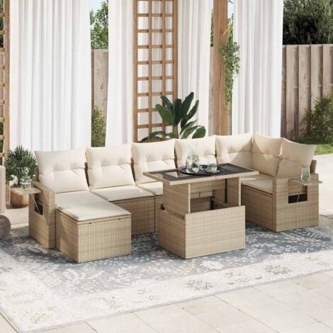 Ensemble Salon Jardin 8 Places Résine Tressée Beige avec Table et Coussins - Stockage Intégré