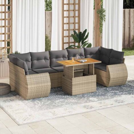 Ensemble salon jardin 8 places résine tressée beige avec table extensible acacia et rangements intégrés