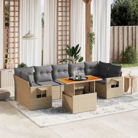 Ensemble salon jardin 8 places résine tressée beige avec table extensible et coussins lavables