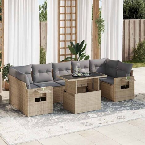 Ensemble salon jardin 8 places résine tressée beige avec table extensible et rangements intégrés