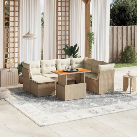 Ensemble Salon Jardin 8 Places Résine Tressée Beige avec Table Modulable et Coussins Détachables
