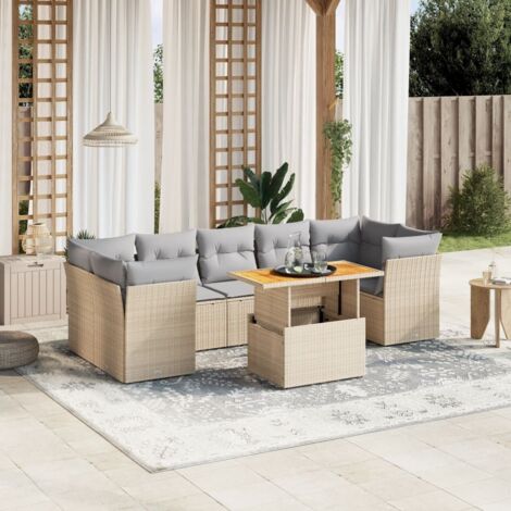 Ensemble Salon Jardin 8 Places Résine Tressée Beige avec Table Modulable et Coussins Gris Lavables