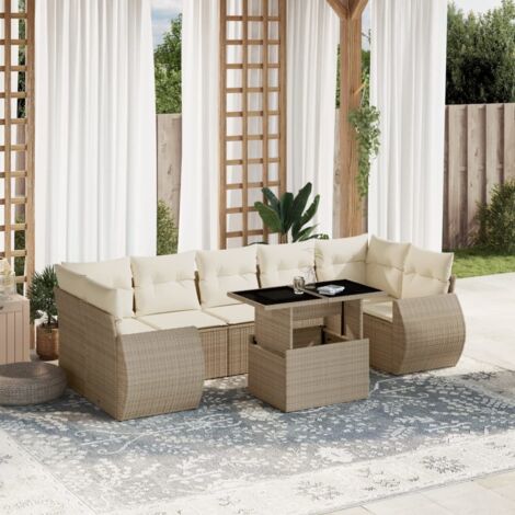 Ensemble Salon Jardin 8 Places Résine Tressée Beige avec Table Réglable et Coussins Déhoussables