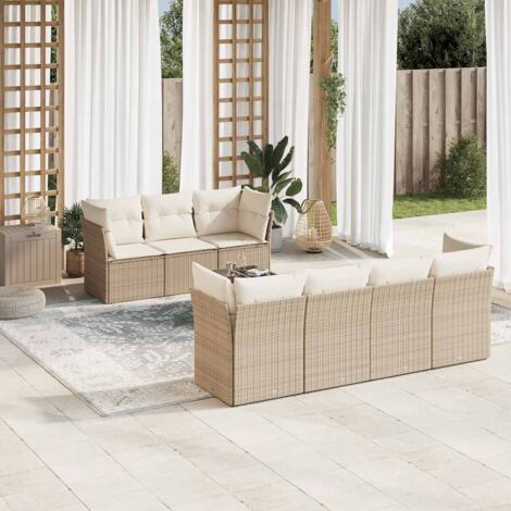 Ensemble Salon Jardin 8 Places Résine Tressée Beige avec Table Verre Trempé et Coussins Détachables - Mobilier Extérieur Modulaire