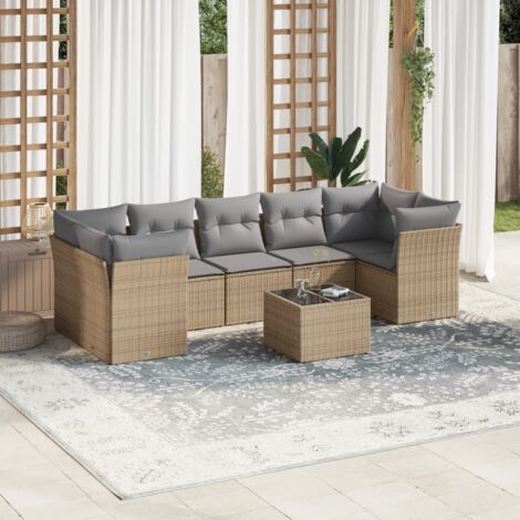 Ensemble Salon Jardin 8 Places Résine Tressée Beige avec Table Verre Trempé et Coussins Gris