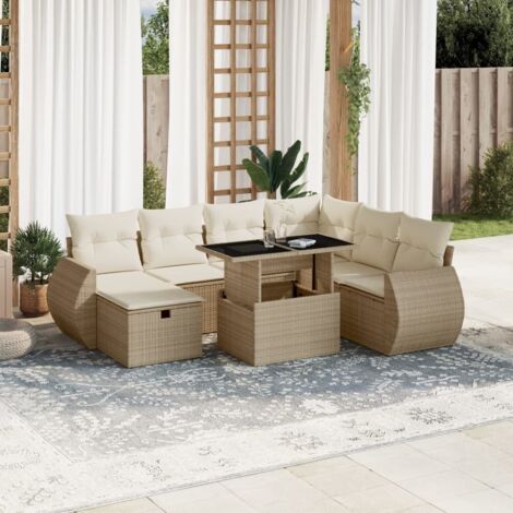 Ensemble salon jardin 8 places résine tressée beige avec table verre trempé et coussins lavables