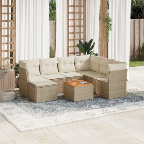 Ensemble Salon Jardin 8 Places Résine Tressée Beige - Canapés d'Angle et Central avec Table Acacia et Coussins Détachables