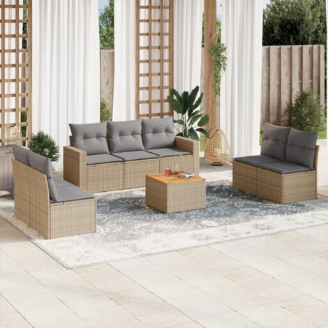 Ensemble Salon Jardin 8 Places Résine Tressée Beige - Canapés Modulaires avec Coussins Gris, Table Acacia