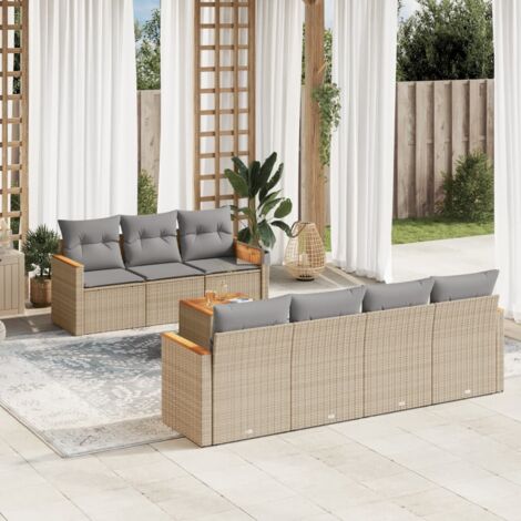 Ensemble Salon Jardin 8 Places Résine Tressée Beige - Table Acacia, Coussins Gris, Stockage Intégré