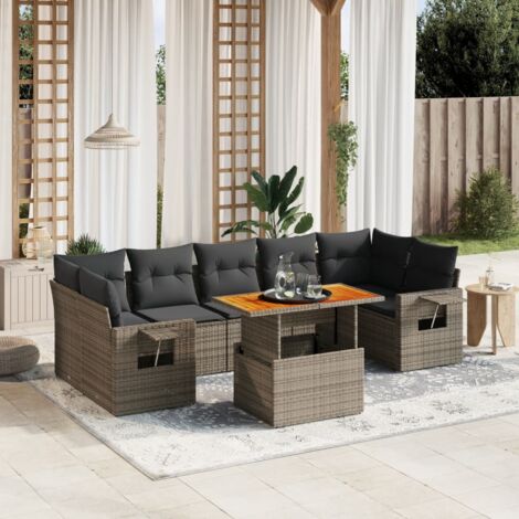 Ensemble Salon Jardin 8 Places Résine Tressée Gris avec Coussins et Table Dîner Réglable