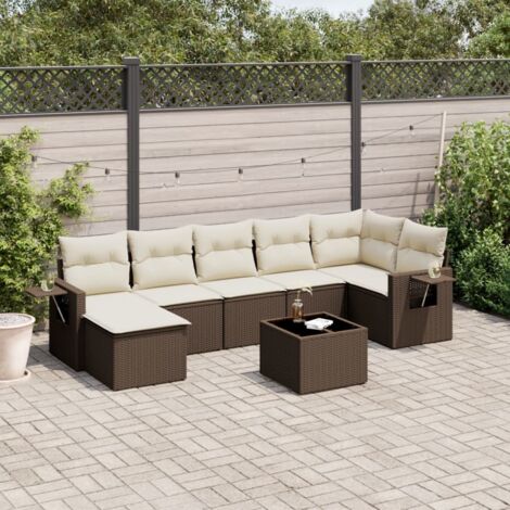 Ensemble Salon Jardin 8 Places Résine Tressée Marron avec Coussins Crème et Table Verre Trempé - Canapés, Fauteuils, Table Basse et Pouf Modulables