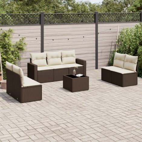 Ensemble Salon Jardin 8 Places Résine Tressée Marron avec Table en Verre et Coussins Crème - 5 Sièges + 2 Canapés