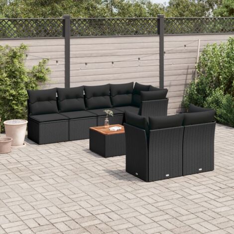 Ensemble Salon Jardin 8 Places Résine Tressée Noir avec Coussins - 4 Sièges Coin + 3 Centraux + Table Acacia - Stockage Intégré