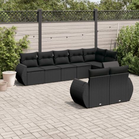 Ensemble salon jardin 8 places résine tressée noir avec coussins - Canapé d'angle + central + accoudoirs, mobilier extérieur modulaire
