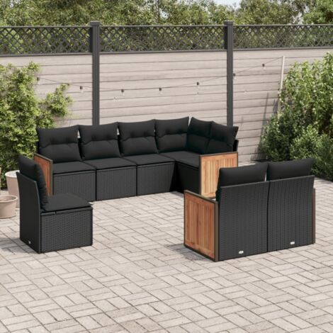 Ensemble Salon Jardin 8 Places Résine Tressée Noir avec Coussins - Canapé d'Angle, Central et Accoudoirs - Modulaire