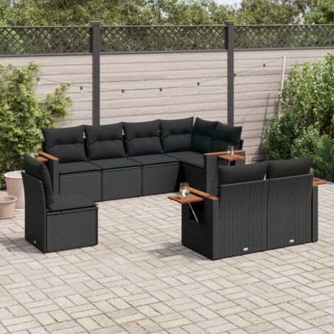 Ensemble Salon Jardin 8 Places Résine Tressée Noir avec Coussins - Canapé d'Angle, Siège Central et Accoudoirs - Mobilier Extérieur Modulaire