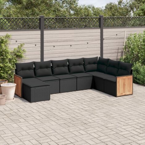 Ensemble Salon Jardin 8 Places Résine Tressée Noir avec Coussins - Canapé d'Angle, Sièges et Pouf Modulables