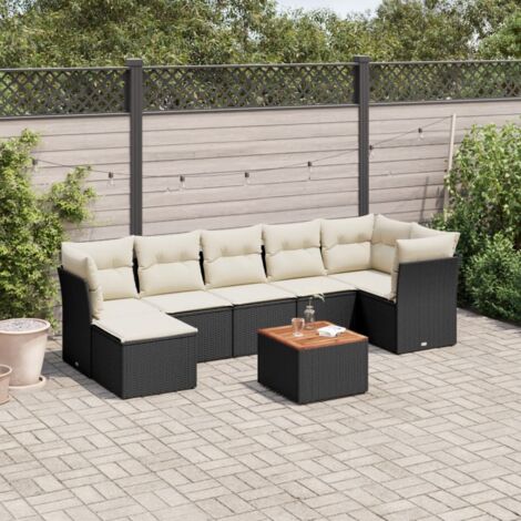 Ensemble salon jardin 8 places résine tressée noir avec coussins crème - 3 canapés d'angle, 3 centraux, table acacia et repose-pieds
