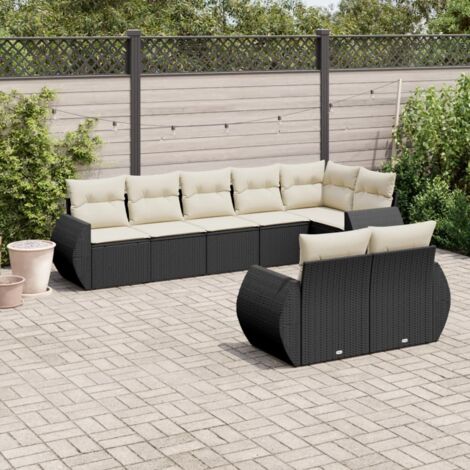 Ensemble salon jardin 8 places résine tressée noir avec coussins crème - 4 canapés, 1 coin, 3 central + rangement intégré