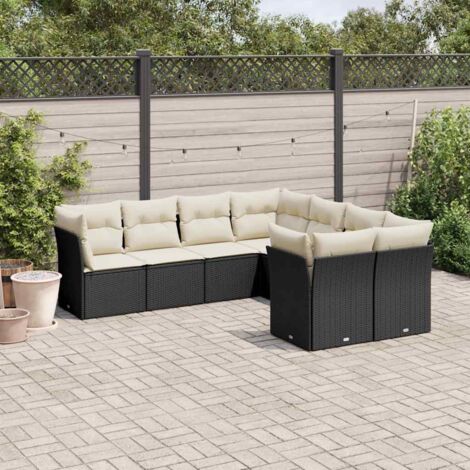Ensemble salon jardin 8 places résine tressée noir avec coussins crème - 4 sièges d'angle et 4 centraux avec rangement intégré