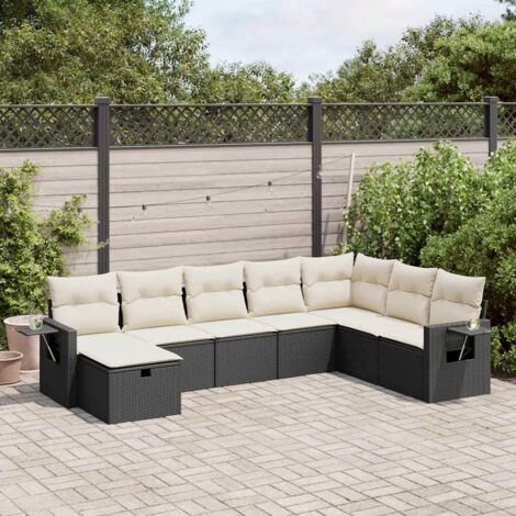 Ensemble Salon Jardin 8 Places Résine Tressée Noir avec Coussins Crème - Mobilier Extérieur Modulaire avec Rangement