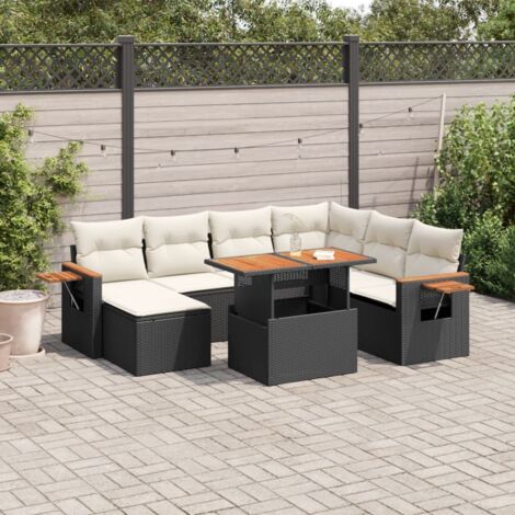 Ensemble Salon Jardin 8 Places Résine Tressée Noir avec Coussins Crème - Table Réglable et Accoudoirs Acacia