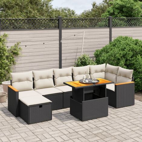 Ensemble Salon Jardin 8 Places Résine Tressée Noir avec Coussins Crème - Table Réglable et Mobilier Modulaire