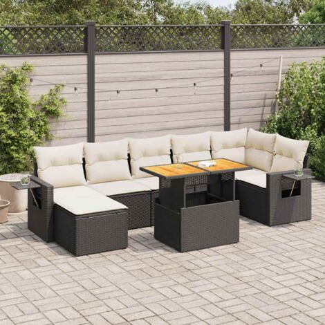 Ensemble Salon Jardin 8 Places Résine Tressée Noir avec Coussins Crème - Table Réglable et Rangement Intégré