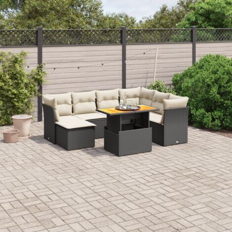 Ensemble Salon Jardin 8 Places Résine Tressée Noir avec Coussins Crème - Table Réglable Modulaire