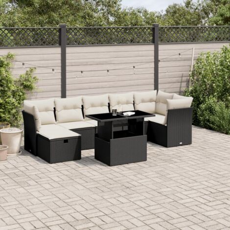 Ensemble Salon Jardin 8 Places Résine Tressée Noir avec Coussins Crème - Table Réglable, Modulaire et Résistant aux UV