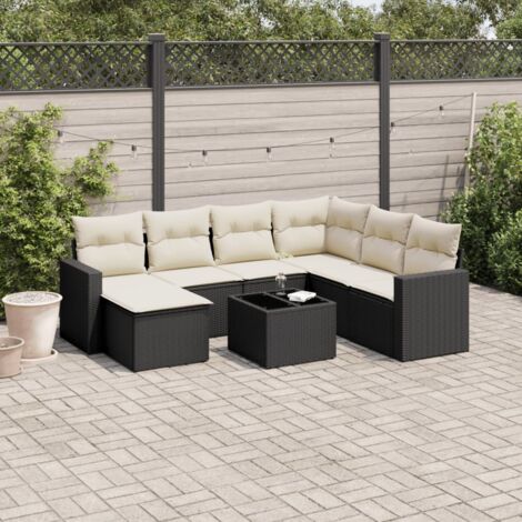 Ensemble Salon Jardin 8 Places Résine Tressée Noir avec Coussins Crème - Table Verre Trempé, Modulaire