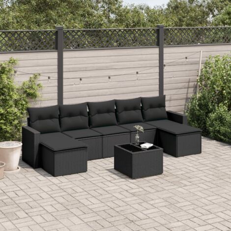 Ensemble salon jardin 8 places résine tressée noir avec coussins déhoussables et table verre trempé