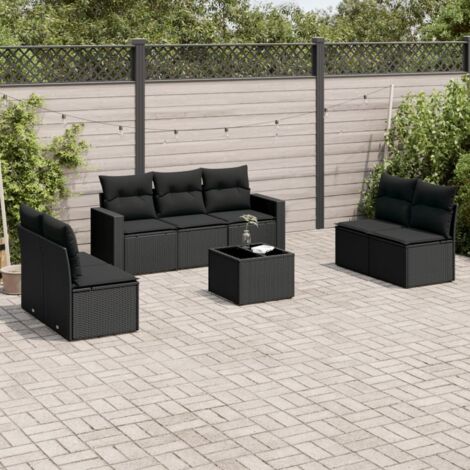 Ensemble Salon Jardin 8 Places Résine Tressée Noir avec Coussins et Table Verre - Meuble Extérieur Modulaire