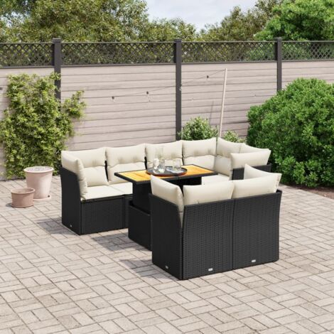 Ensemble salon jardin 8 places résine tressée noir avec coussins - Table extensible acacia et sièges modulaires