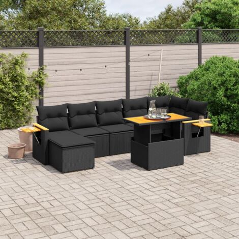 Ensemble Salon Jardin 8 Places Résine Tressée Noir avec Coussins - Table Réglable et Accoudoirs Acacia