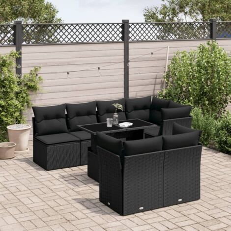 Ensemble Salon Jardin 8 Places Résine Tressée Noir avec Coussins - Table Réglable Hauteur, Modulaire, Housses Lavables