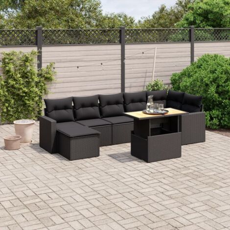 Ensemble salon jardin 8 places résine tressée noir avec table extensible et coussins lavables - Canapé d'angle + repose-pieds