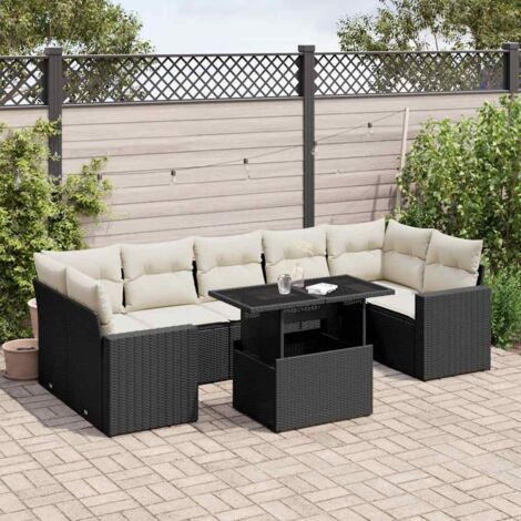 Ensemble Salon Jardin 8 Places Résine Tressée Noir avec Table Réglable et Coussins Crème - Mobilier Extérieur Modulaire