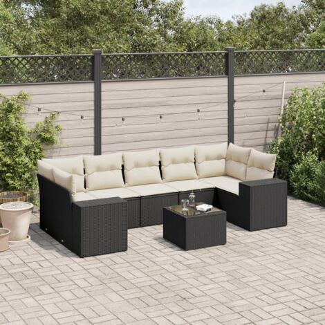 Ensemble Salon Jardin 8 Places Résine Tressée Noir avec Table Verre Trempé et Coussins Crème - Mobilier Extérieur Modulaire