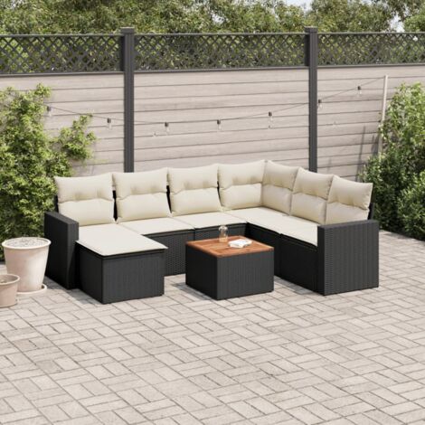 Ensemble salon jardin 8 places résine tressée noire avec coussins crème - Canapé d'angle, table acacia et repose-pieds