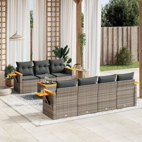 Ensemble Salon Jardin 8 Places Tressé Résine Gris 7 Coussins Détachable Lavable