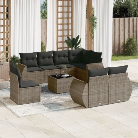 Ensemble Salon Jardin 9 Pièces avec Coussins Gris en Résine Tressée - Canapés Modulables, Table Verre Trempé, Housse Lavable